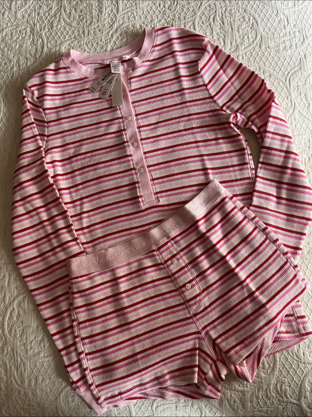 Victoria's Secret candy cane pink Striped thermal knit Pajama short Set -NWT
